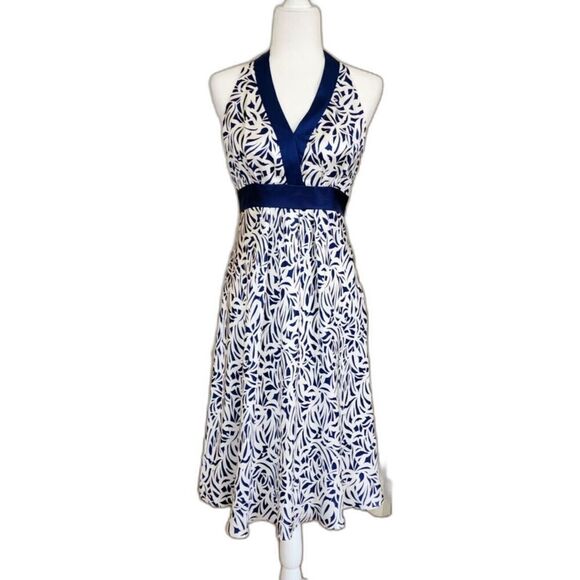 Ann Taylor 100 % Silk Summer Beach Party Halter Midi Dress Sleeveless White Blue - Picture 1 of 9